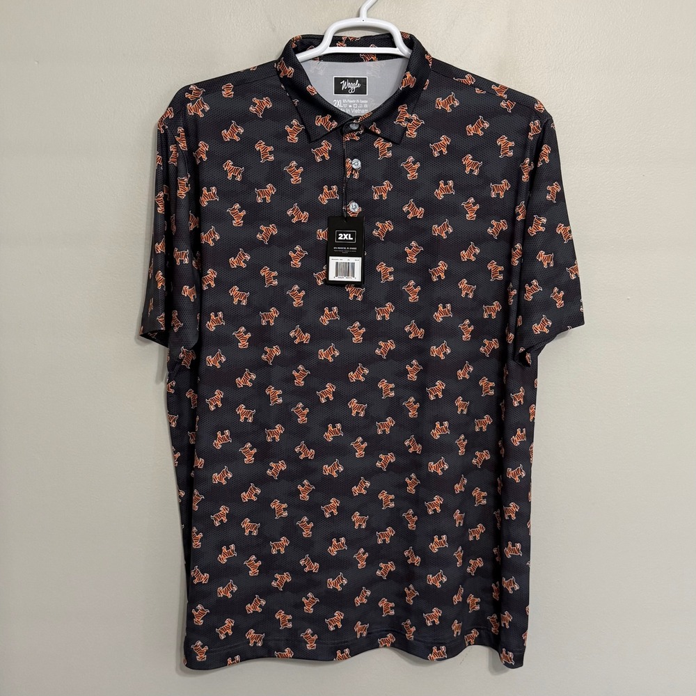 NEW Waggle Mens 2XL Black Tiger Goat Print Performance Golf Polo Shirt - Picture 2 of 8